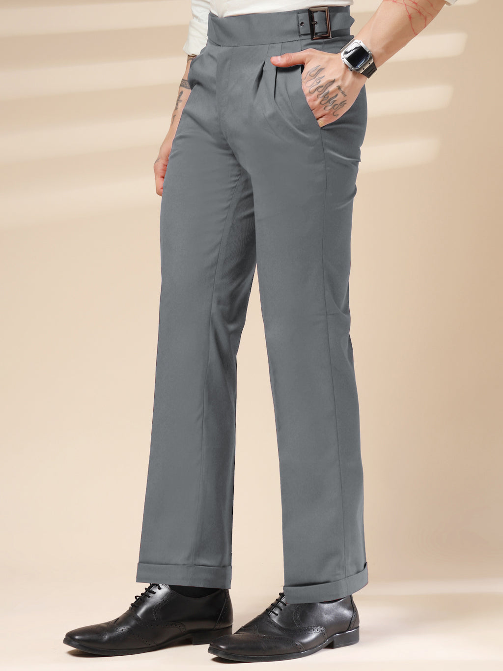 Stone Grey Classic Buckle Formal Gurkha Pants by ITALIAN VEGA®