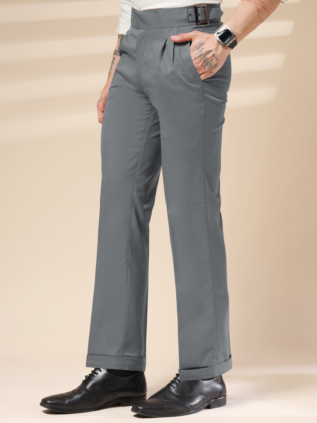 Stone Grey Classic Buckle Formal Gurkha Pants by ITALIAN VEGA®