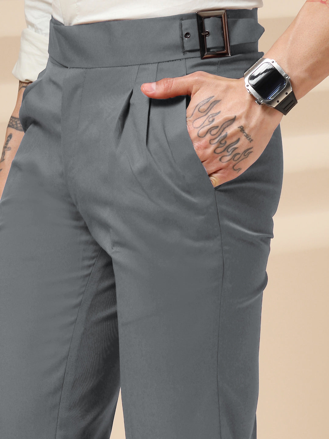 Stone Grey Classic Buckle Formal Gurkha Pants by ITALIAN VEGA®