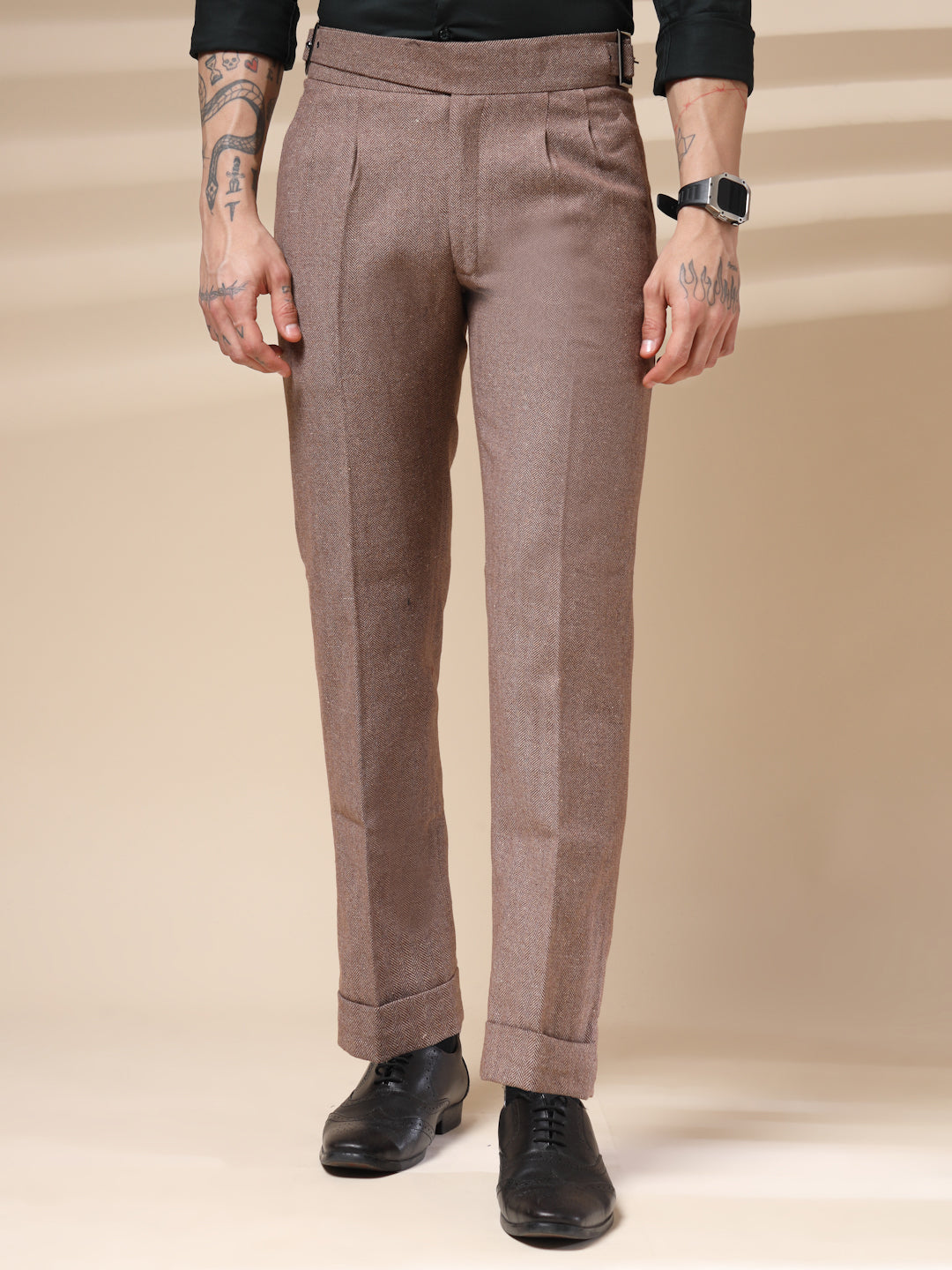 Khakhi Classic Buckle Herringbone Gurkha Pants | Boot Cut Fit by Italian Vega® (Winter Warm)