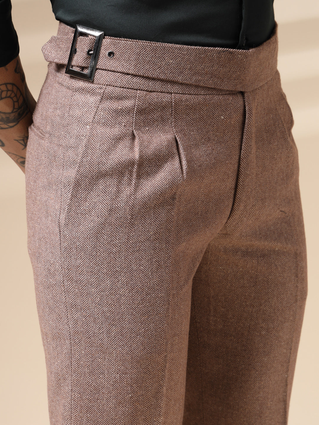 Khakhi Classic Buckle Herringbone Gurkha Pants | Boot Cut Fit by Italian Vega® (Winter Warm)