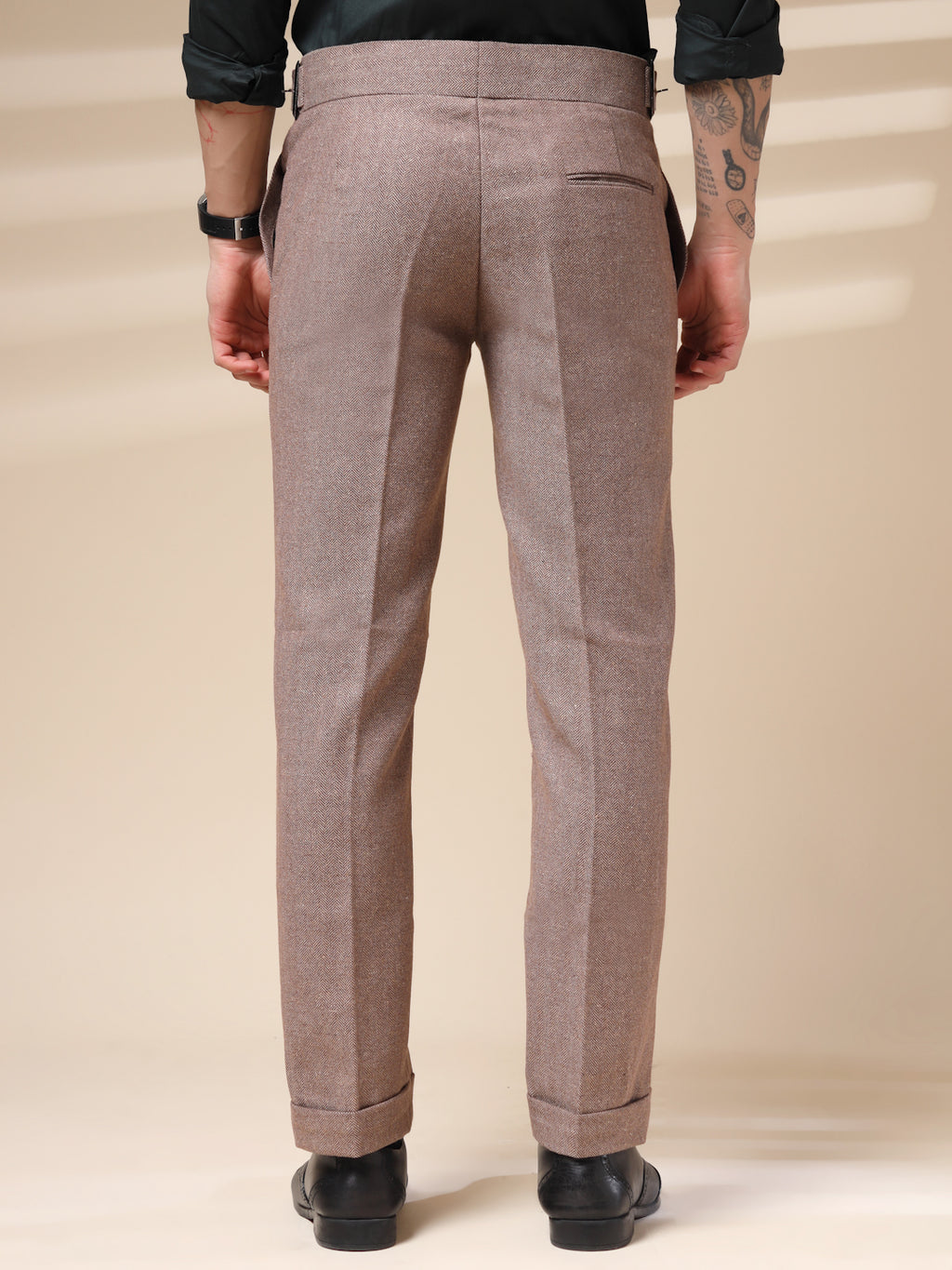 Khakhi Classic Buckle Herringbone Gurkha Pants | Boot Cut Fit by Italian Vega®
