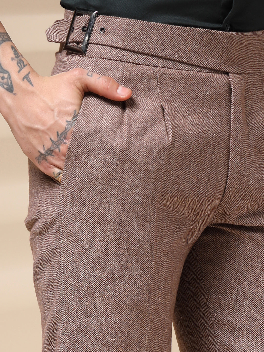 Khakhi Classic Buckle Herringbone Gurkha Pants | Boot Cut Fit by Italian Vega® (Winter Warm)