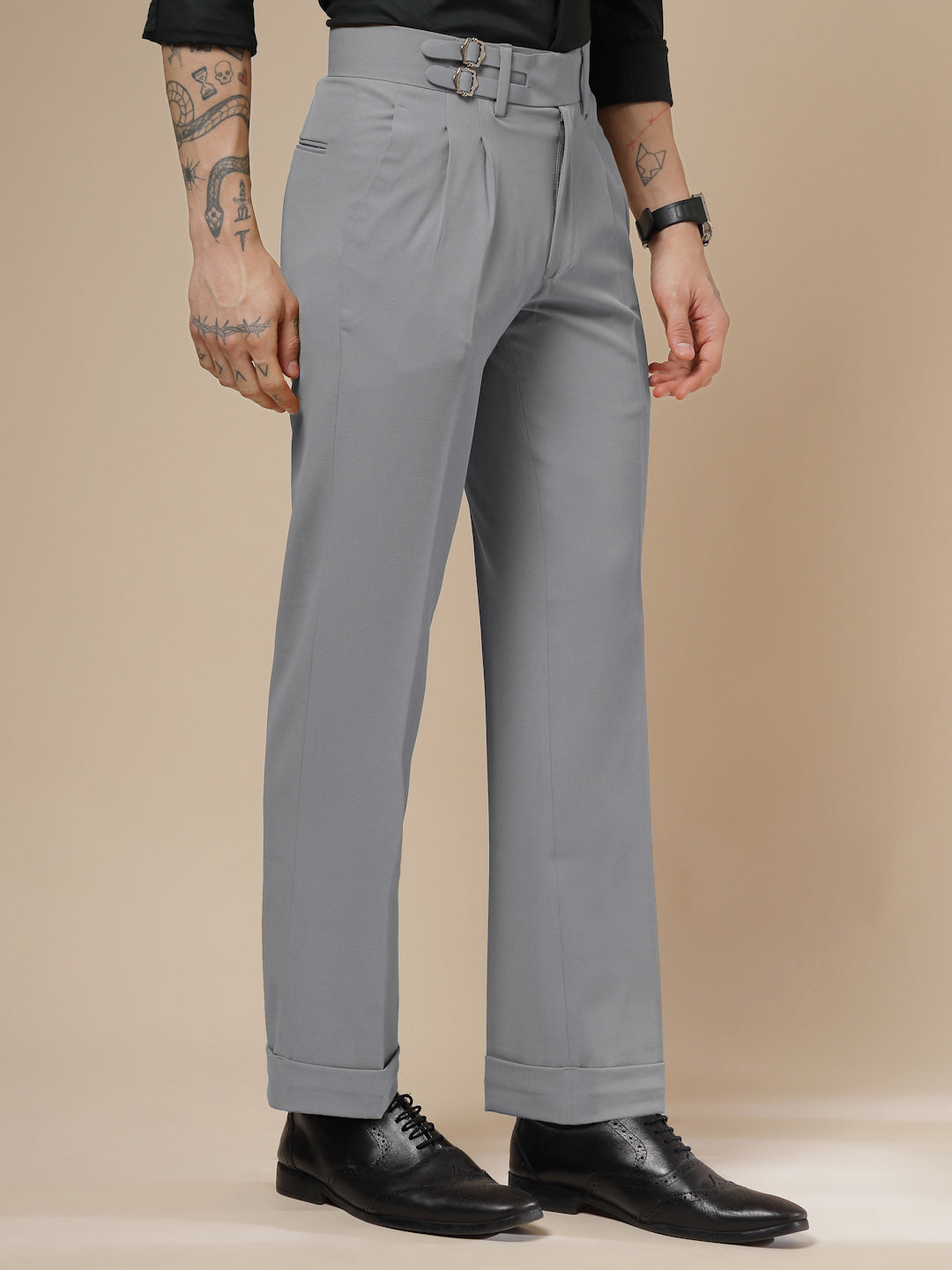 Ash Grey Double Buckle Formal Gurkha Pants by ITALIAN VEGA®