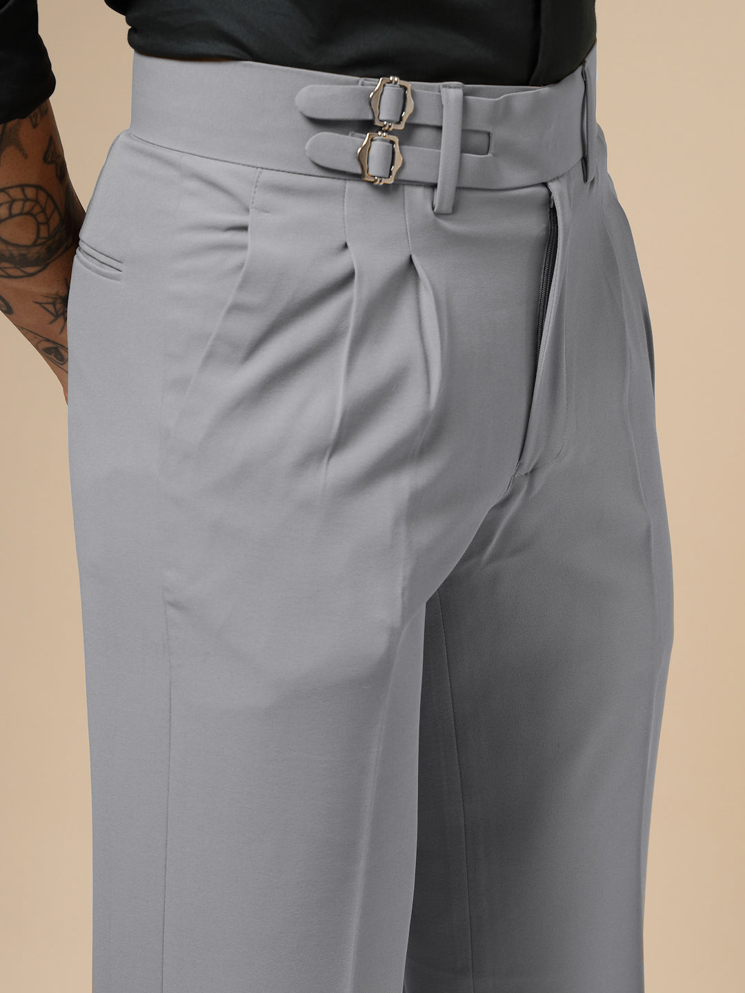 Ash Grey Double Buckle Formal Gurkha Pants by ITALIAN VEGA®