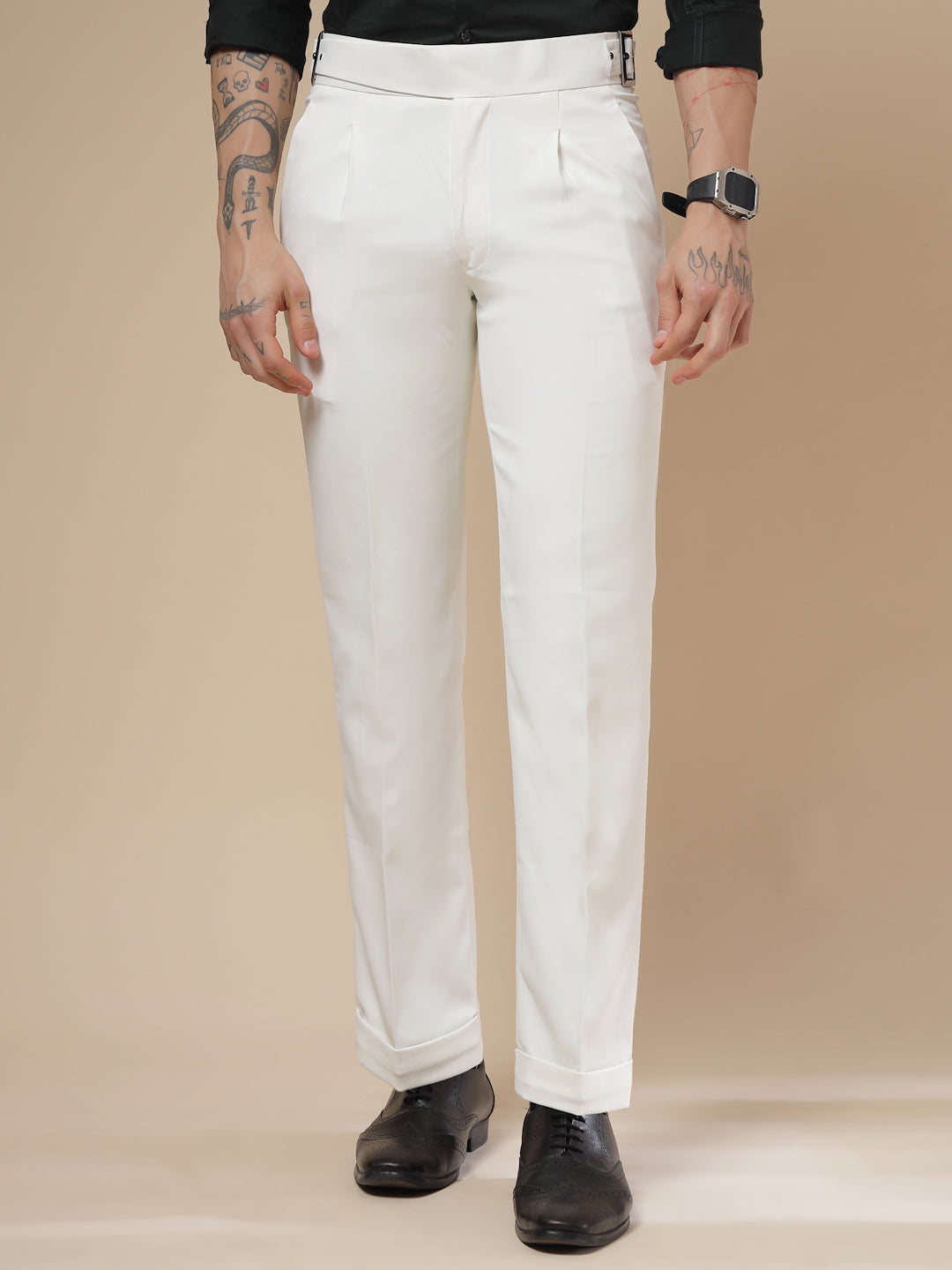 White Classic Buckle Formal Gurkha Pants by ITALIAN VEGA®