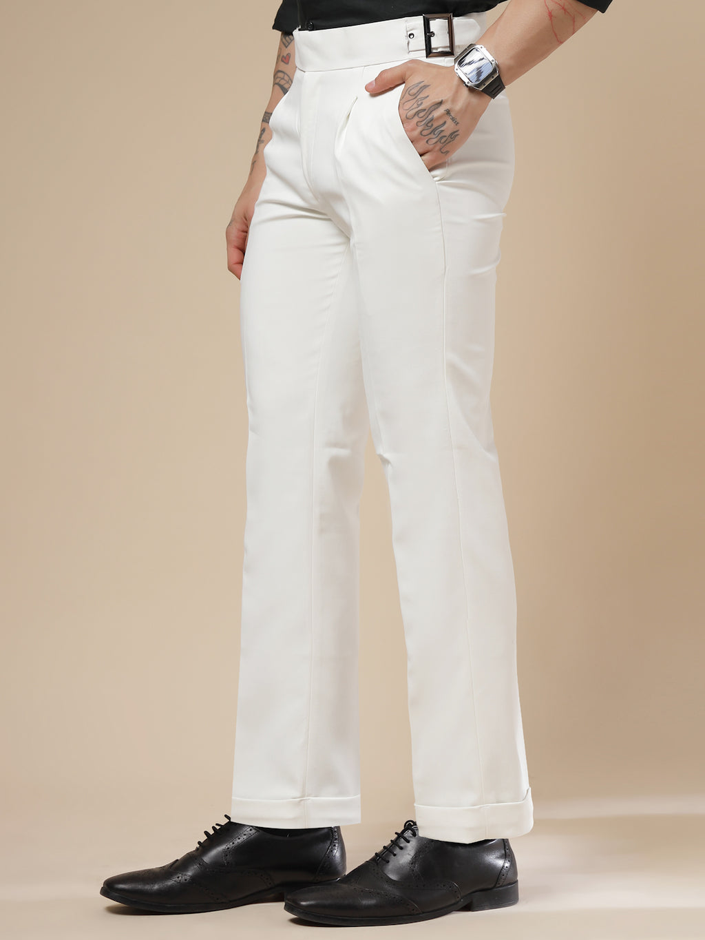 White Classic Buckle Formal Gurkha Pants by ITALIAN VEGA®