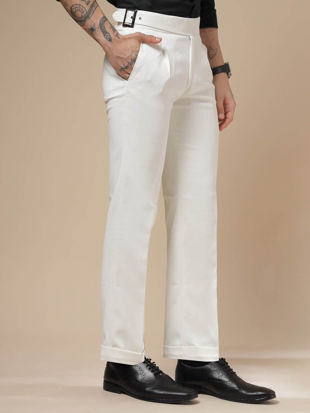 White Classic Buckle Formal Gurkha Pants by ITALIAN VEGA®