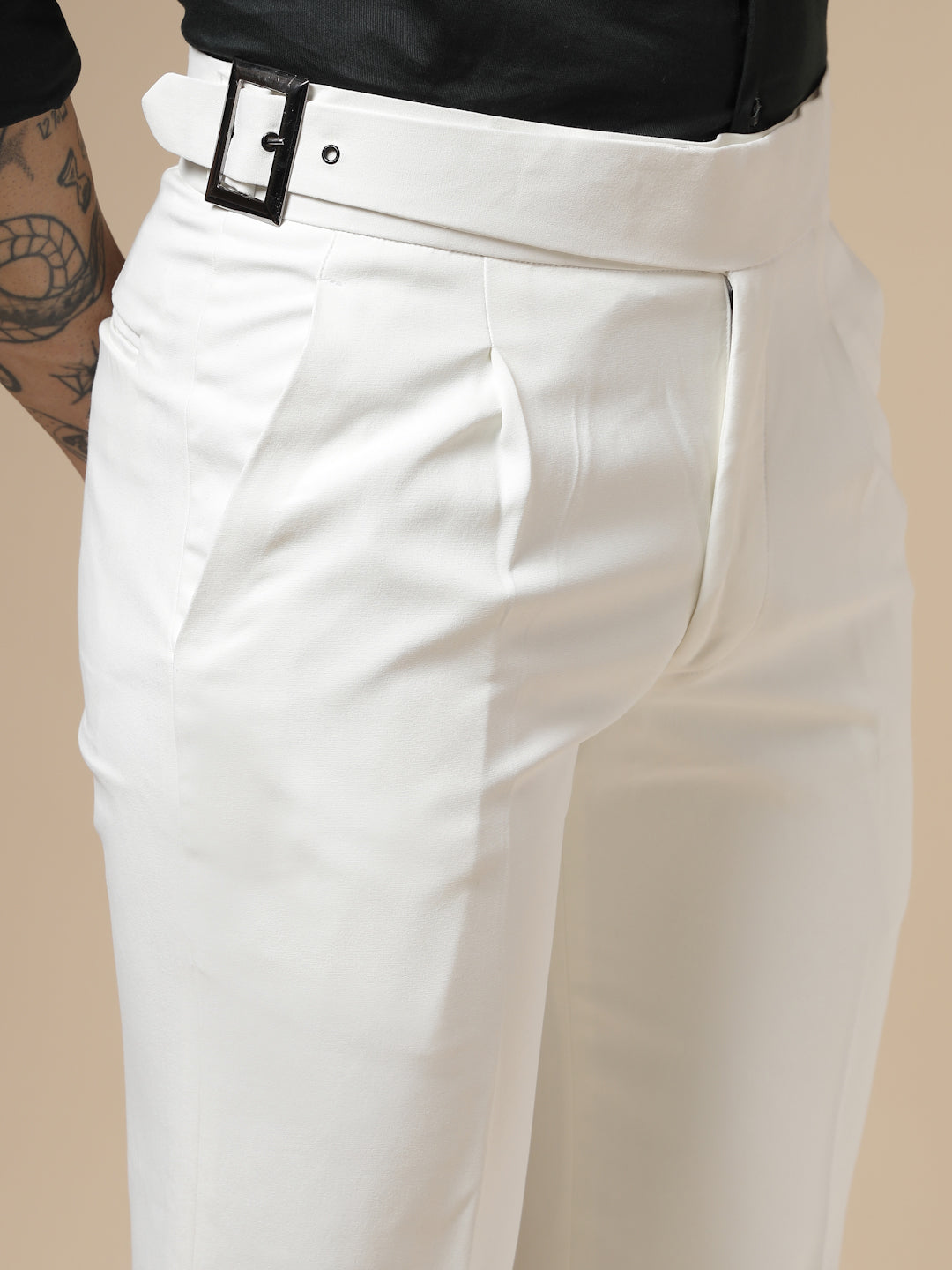 White Classic Buckle Formal Gurkha Pants by ITALIAN VEGA®