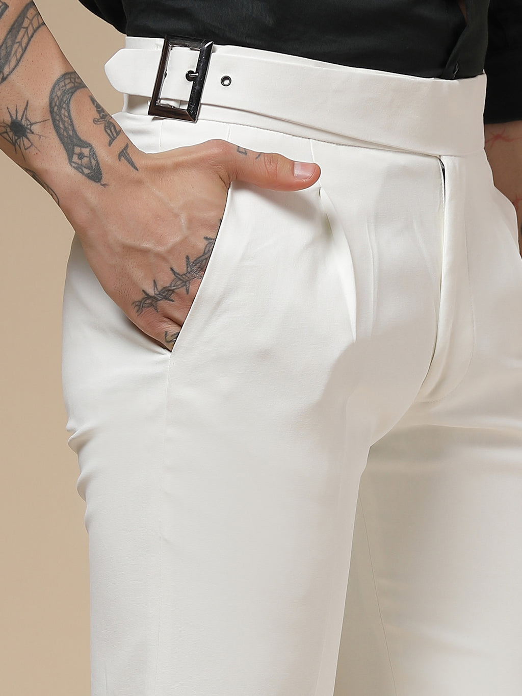 White Classic Buckle Formal Gurkha Pants by ITALIAN VEGA®