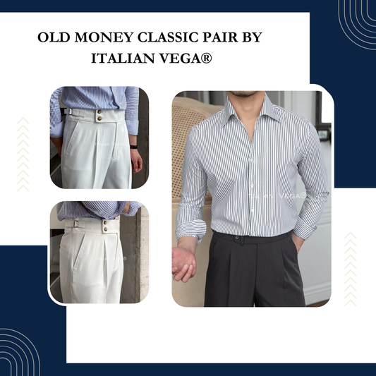 Old Money Grey Stripe Shirt with White Signature Buttoned Gurkha Pant by ITALIAN VEGA®