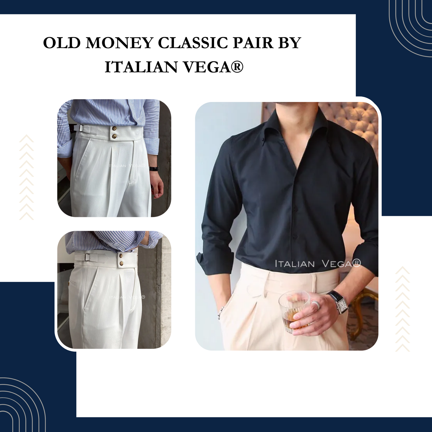 Old Money Black Shirt with White Signature Buttoned Gurkha Pant by ITALIAN VEGA®