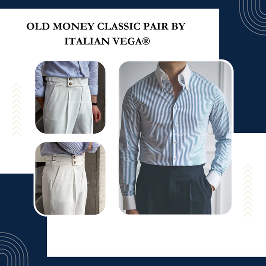 Old Money Navy Classic Stripe Shirt with White Signature Buttoned Gurkha Pant by ITALIAN VEGA®