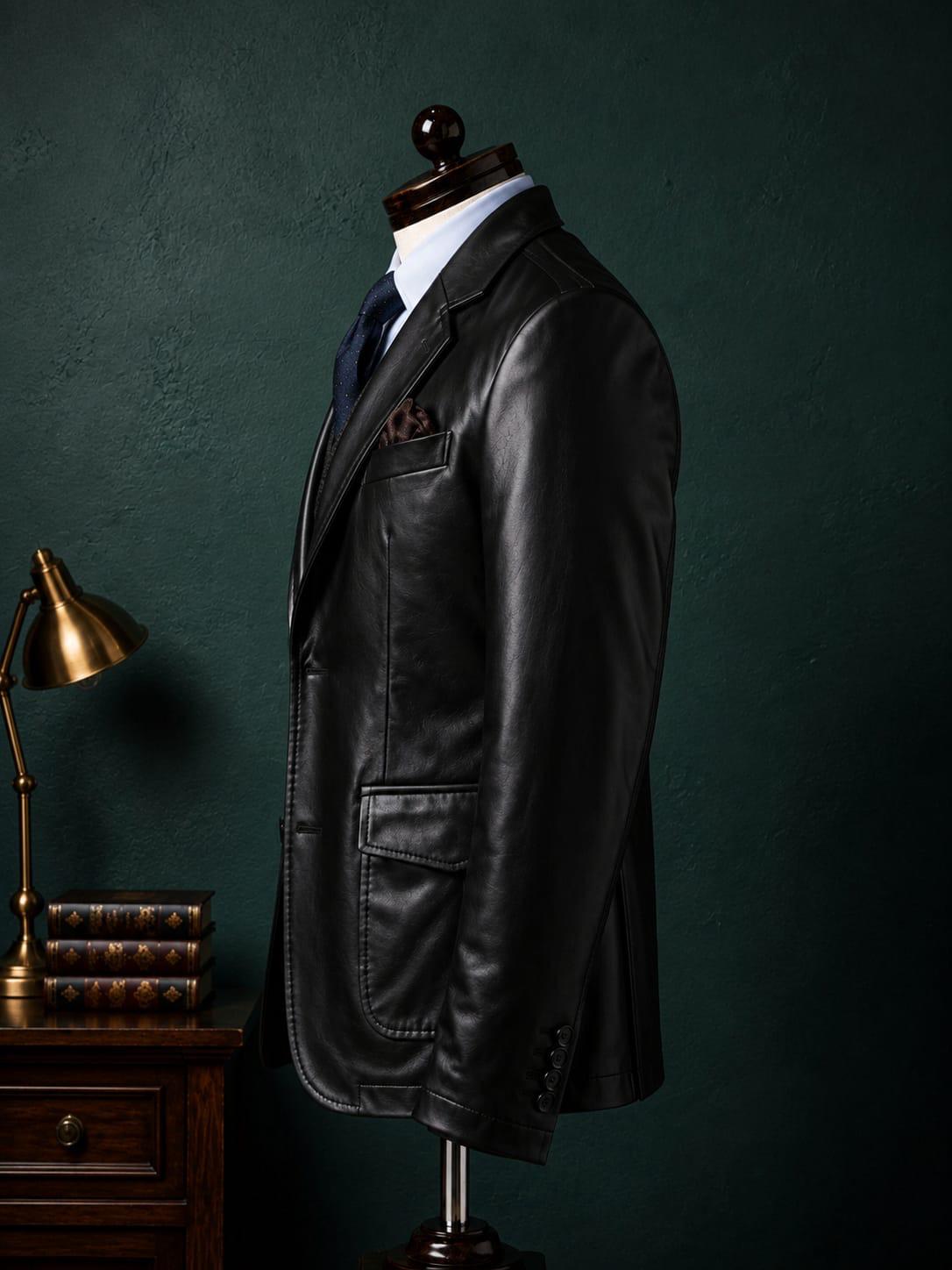 Men's Black Vegan Leather Single Breasted Blazer Jacket | Obsidian Noir by Italian Vega®