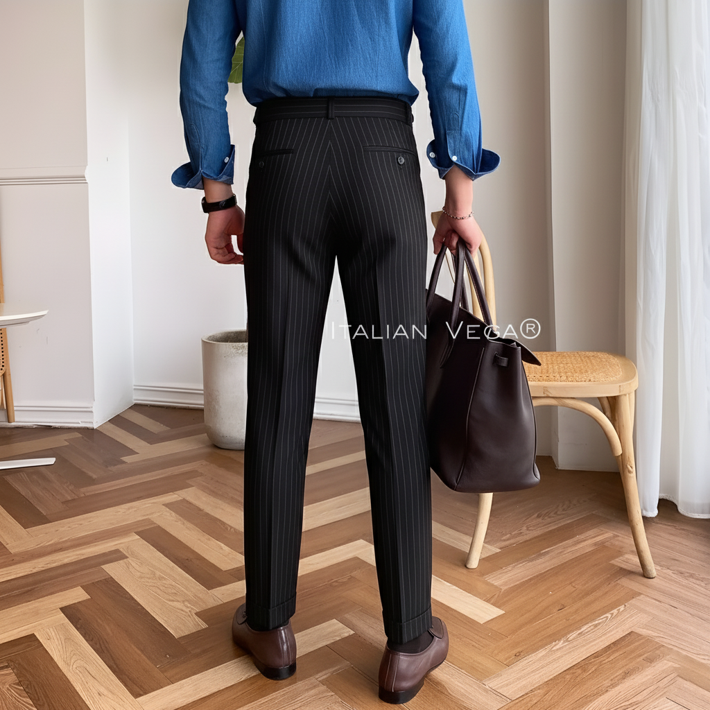 Deep Black Striped Signature Buttoned Gurkha Pants by Italian Vega® (Special Edition)