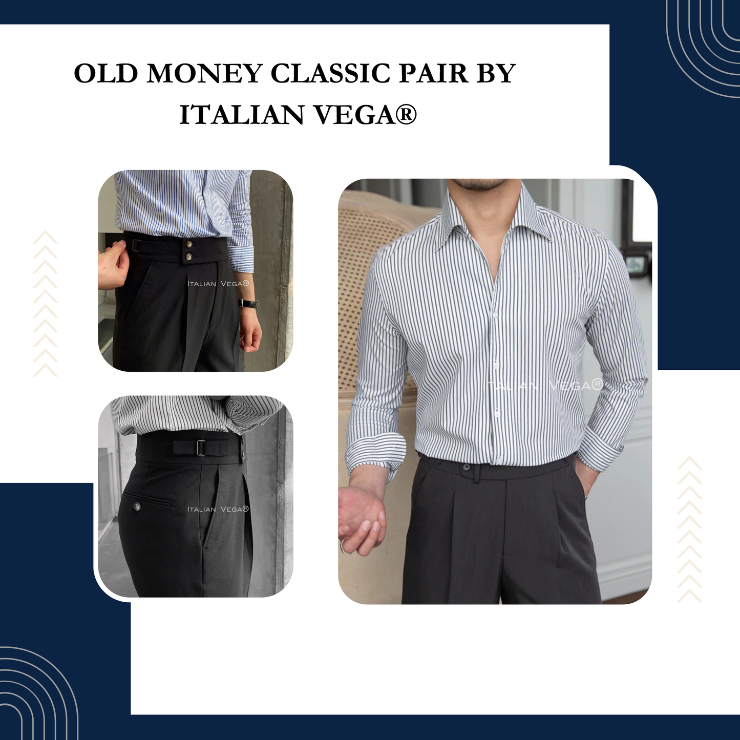 Old Money Grey Stripe Shirt with Black Signature Buttoned Gurkha Pant by ITALIAN VEGA®