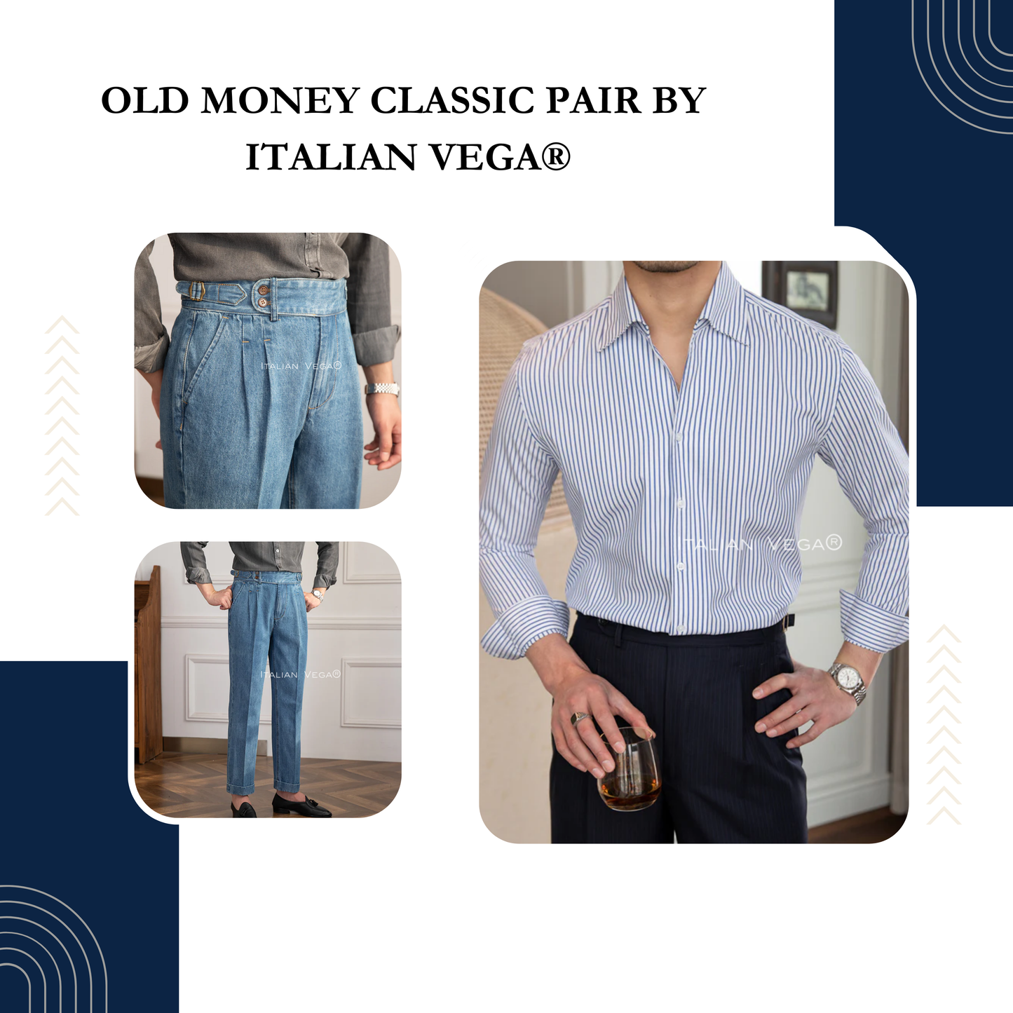 Old Money Navy Stripe Shirt with Sky Blue Denim Signature Buttoned Gurkha Pant by ITALIAN VEGA®