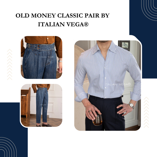 Old Money Navy Stripe Shirt with Dark Blue Denim Signature Buttoned Gurkha Pant by ITALIAN VEGA®