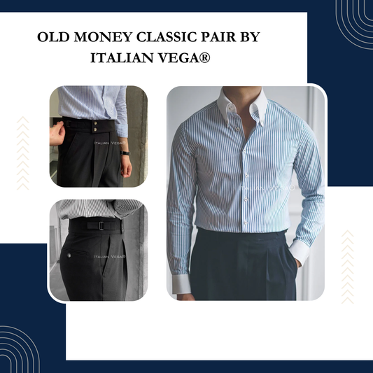 Old Money Classic Stripe Shirt with Black Signature Buttoned Gurkha Pant by ITALIAN VEGA®