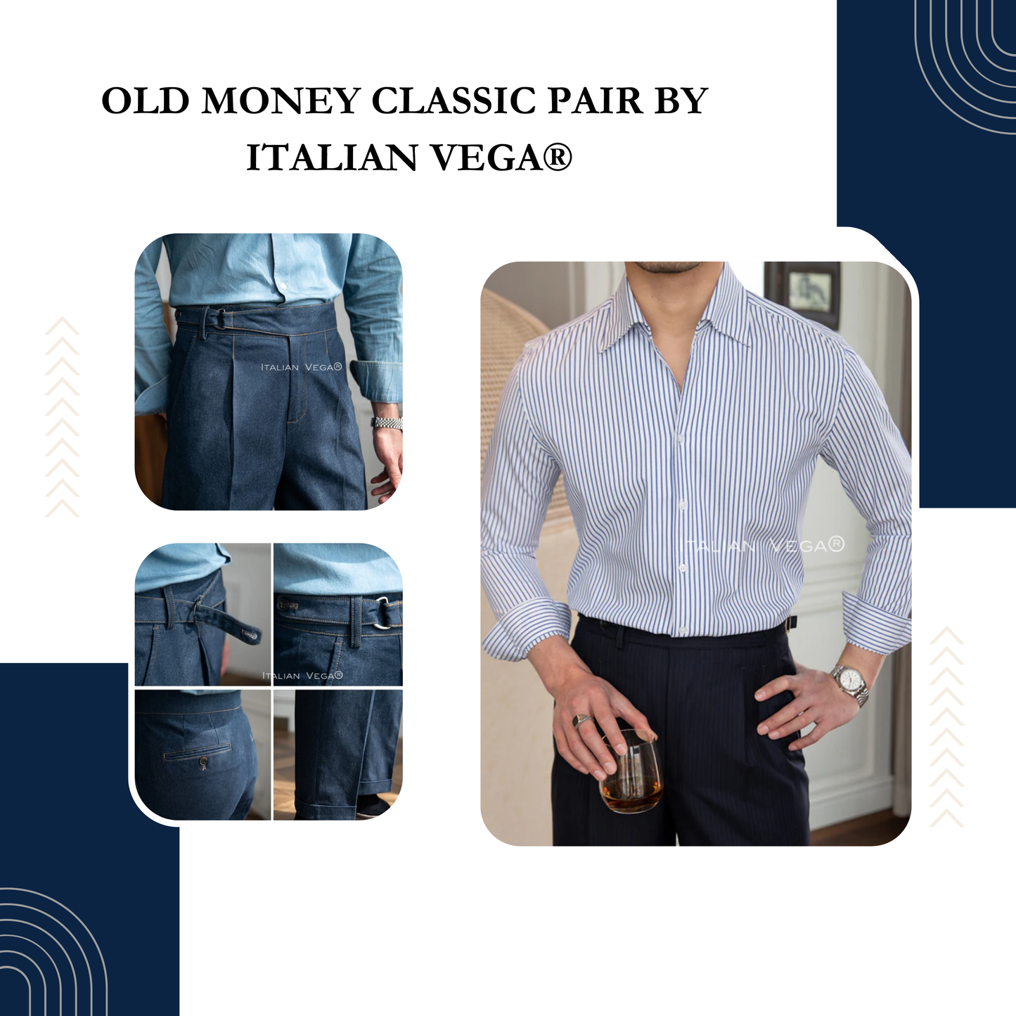 Old Money Blue Stripe Shirt with Blue Veteran Denim Gurkha Pant by ITALIAN VEGA®