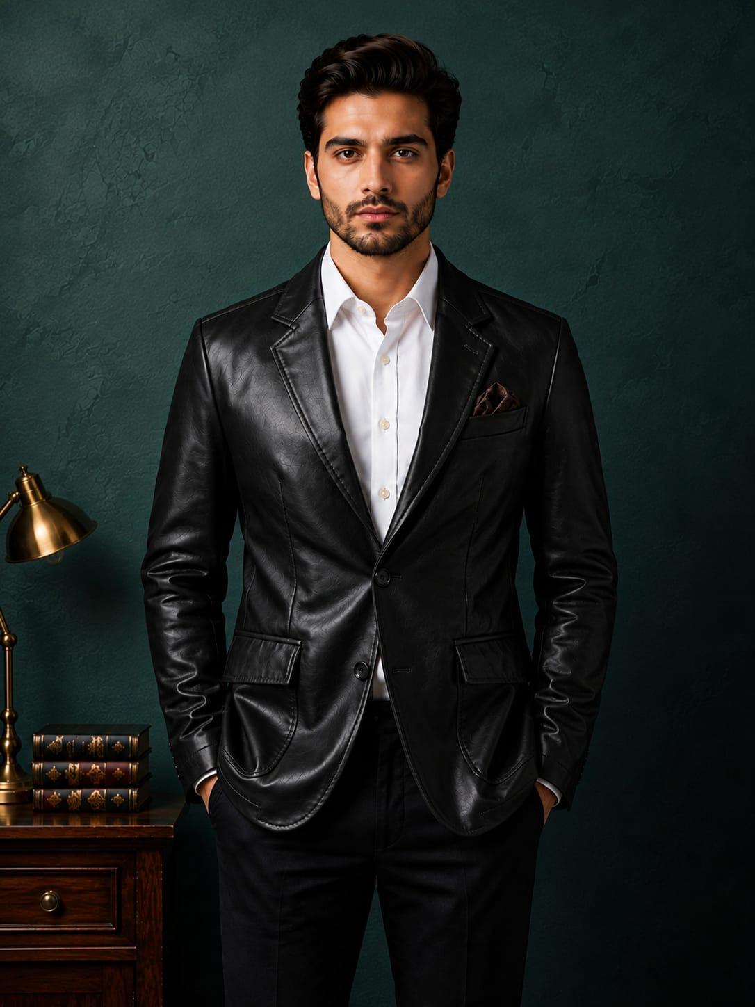 Men's Black Vegan Leather Single Breasted Blazer Jacket | Obsidian Noir by Italian Vega®
