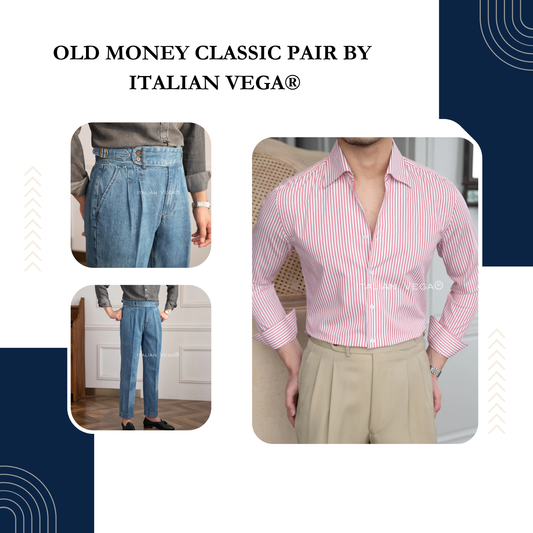 Old Money Crepe Stripe Shirt with Sky Blue Denim Signature Buttoned Gurkha Pant by ITALIAN VEGA®