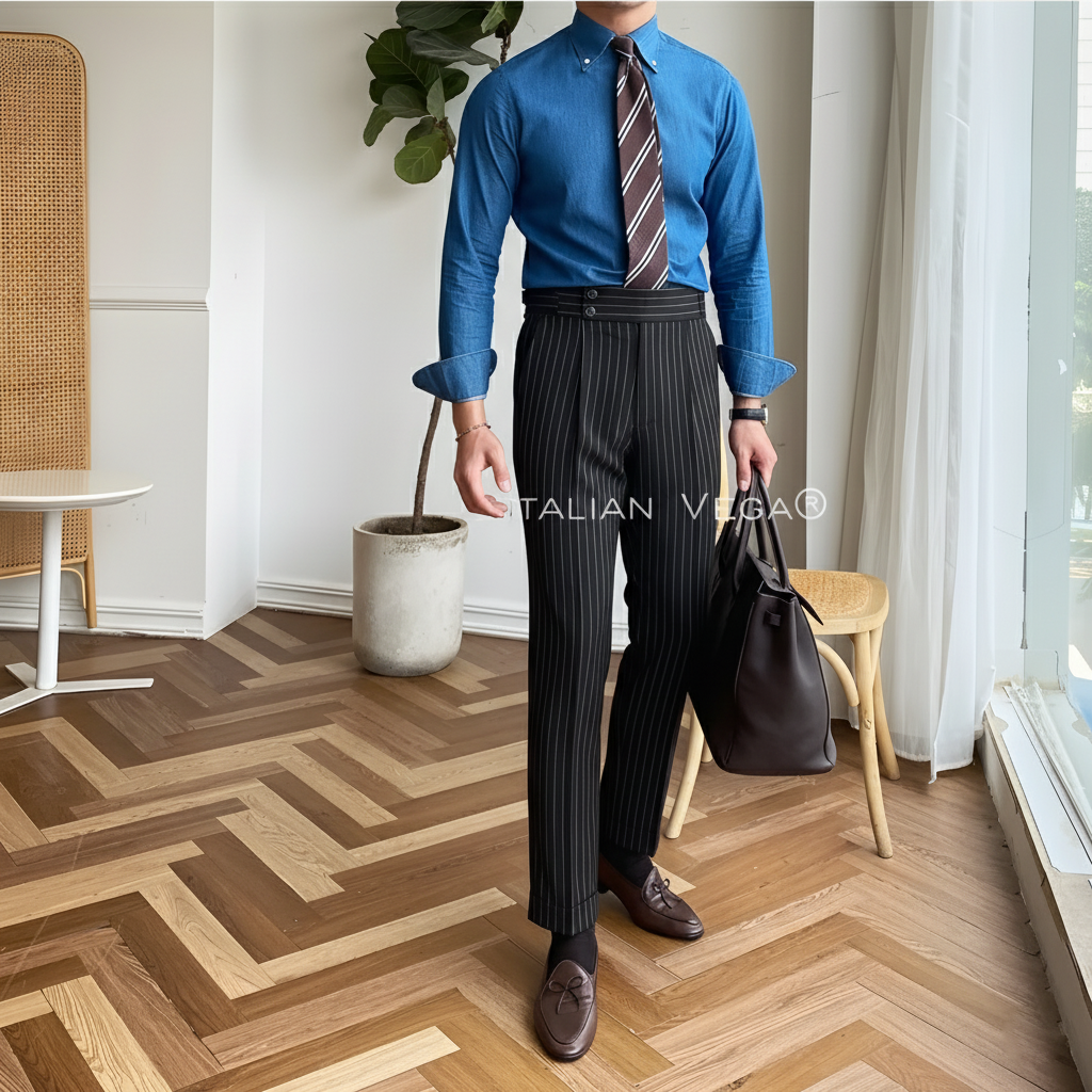 Deep Black Striped Signature Buttoned Gurkha Pants by Italian Vega® (Special Edition)