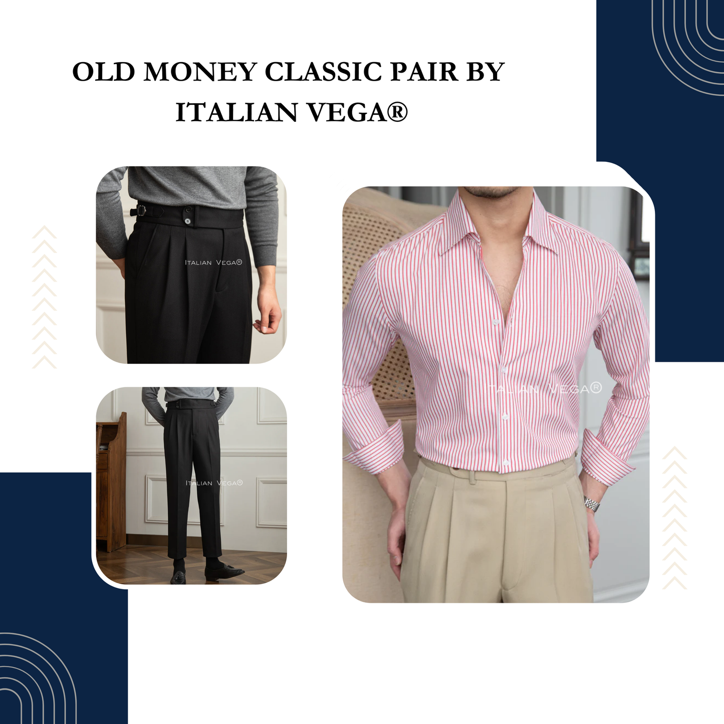 Old Money Crepe Stripe Shirt with Black Herringbone Signature Buttoned Gurkha Pant by ITALIAN VEGA®