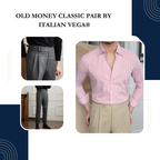 Old Money Crepe Stripe Shirt with Grey Herringbone Signature Buttoned Gurkha Pant by ITALIAN VEGA®