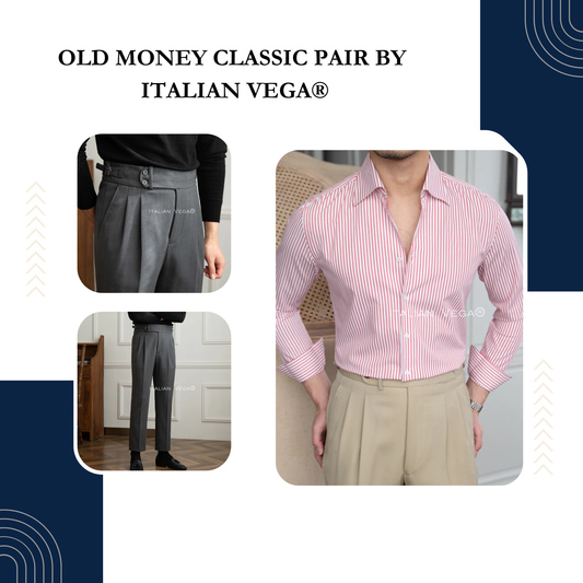 Old Money Crepe Stripe Shirt with Grey Herringbone Signature Buttoned Gurkha Pant by ITALIAN VEGA®