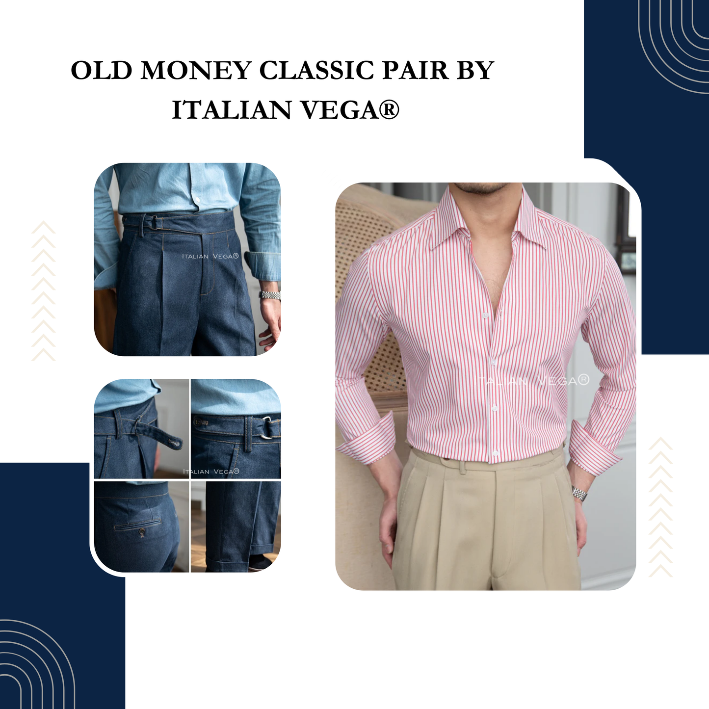 Old Money Crepe Stripe Shirt with Blue Veteran Denim Gurkha Pant by ITALIAN VEGA®