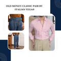 Old Money Crepe Stripe Shirt with Dark Blue Denim Signature Buttoned Gurkha Pant by ITALIAN VEGA®