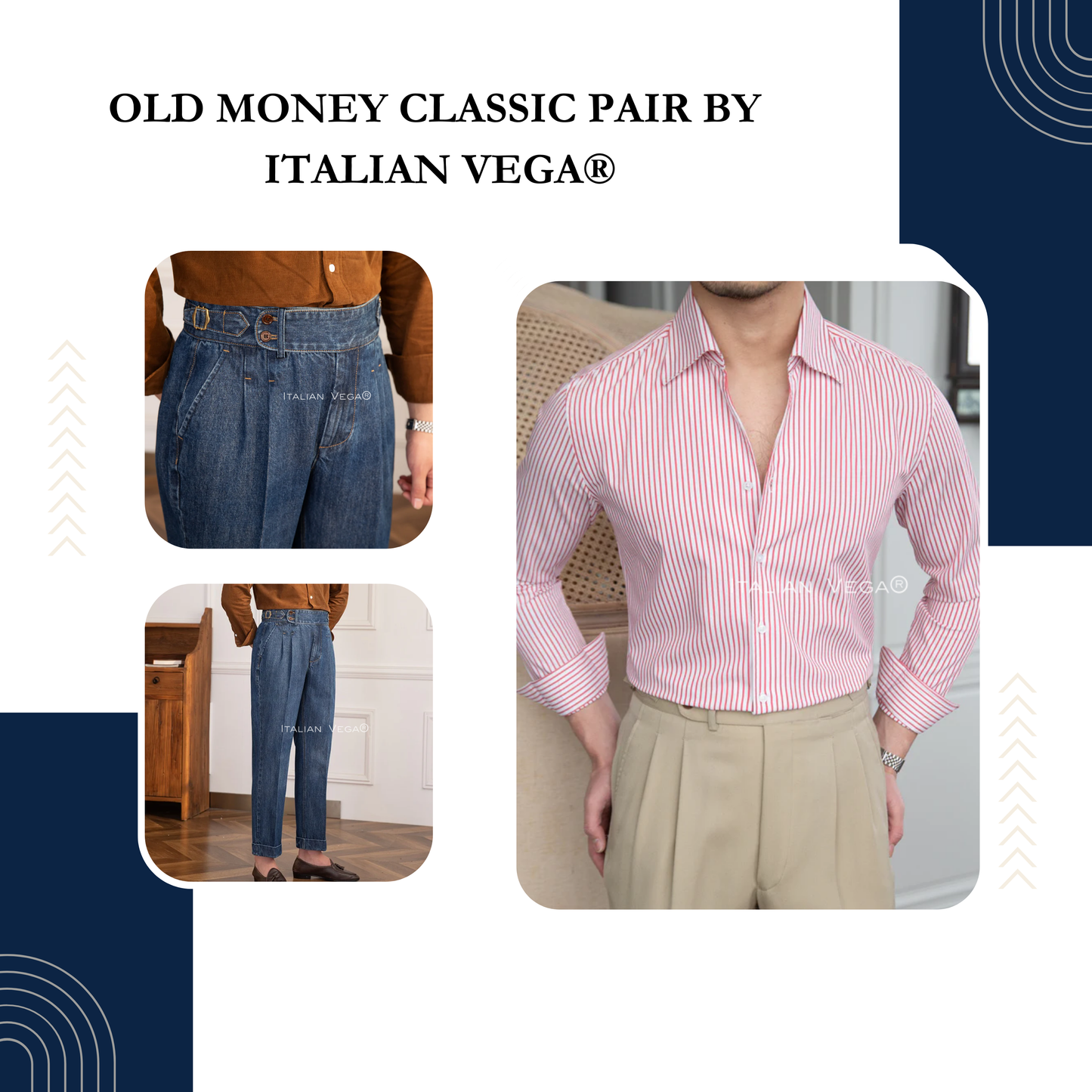 Old Money Crepe Stripe Shirt with Dark Blue Denim Signature Buttoned Gurkha Pant by ITALIAN VEGA®