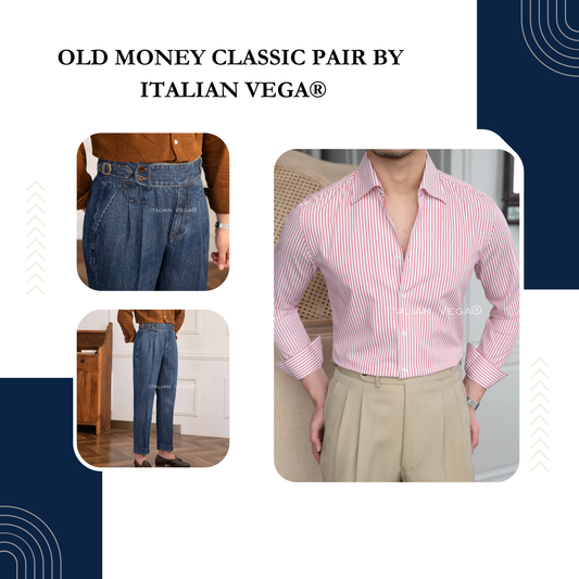 Old Money Crepe Stripe Shirt with Dark Blue Denim Signature Buttoned Gurkha Pant by ITALIAN VEGA®