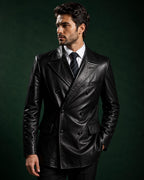 Men's Black Vegan Leather  Double Breasted Blazer Coat | Midnight Onyx by Italian Vega®