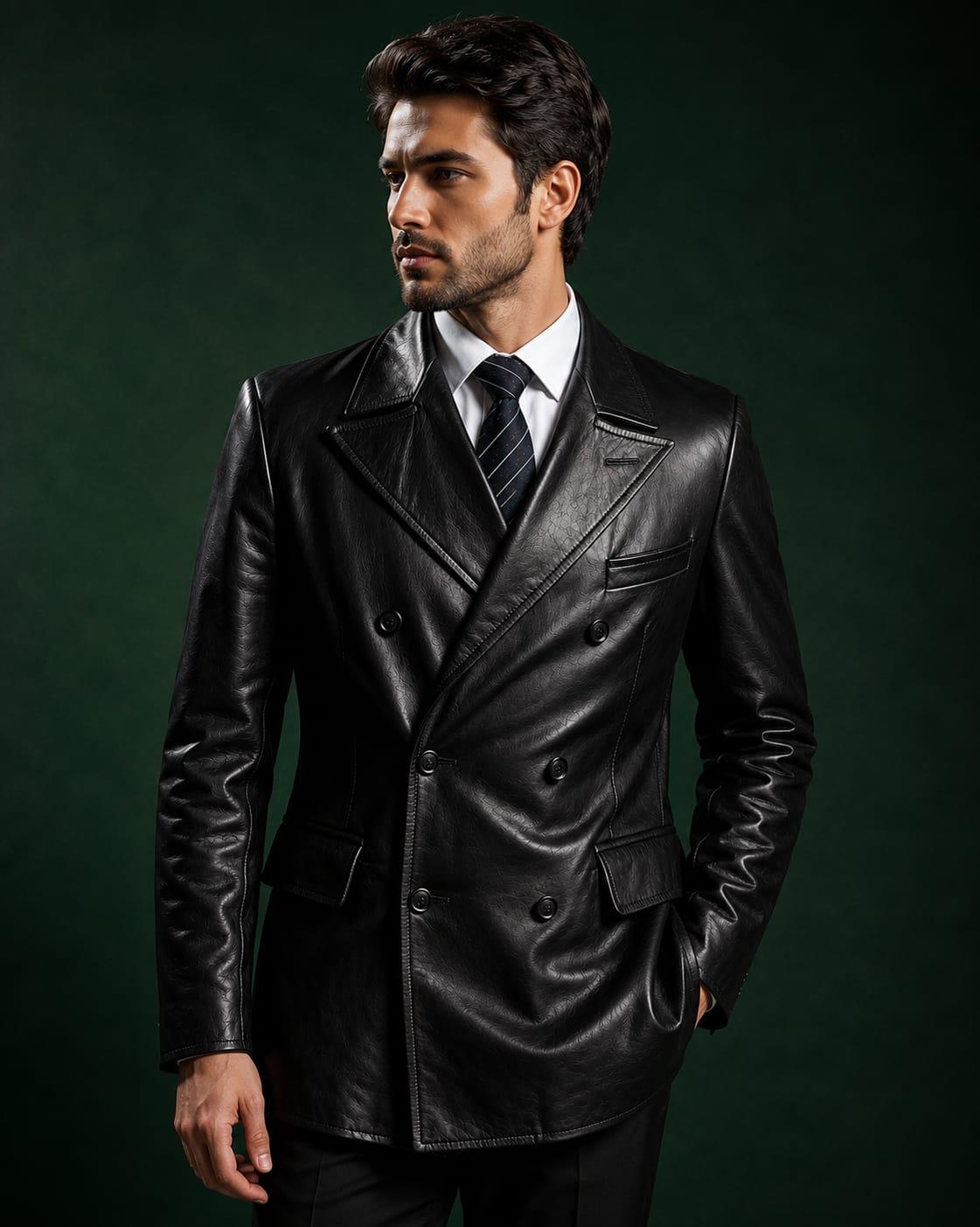 Men's Black Vegan Leather  Double Breasted Blazer Coat | Midnight Onyx by Italian Vega®