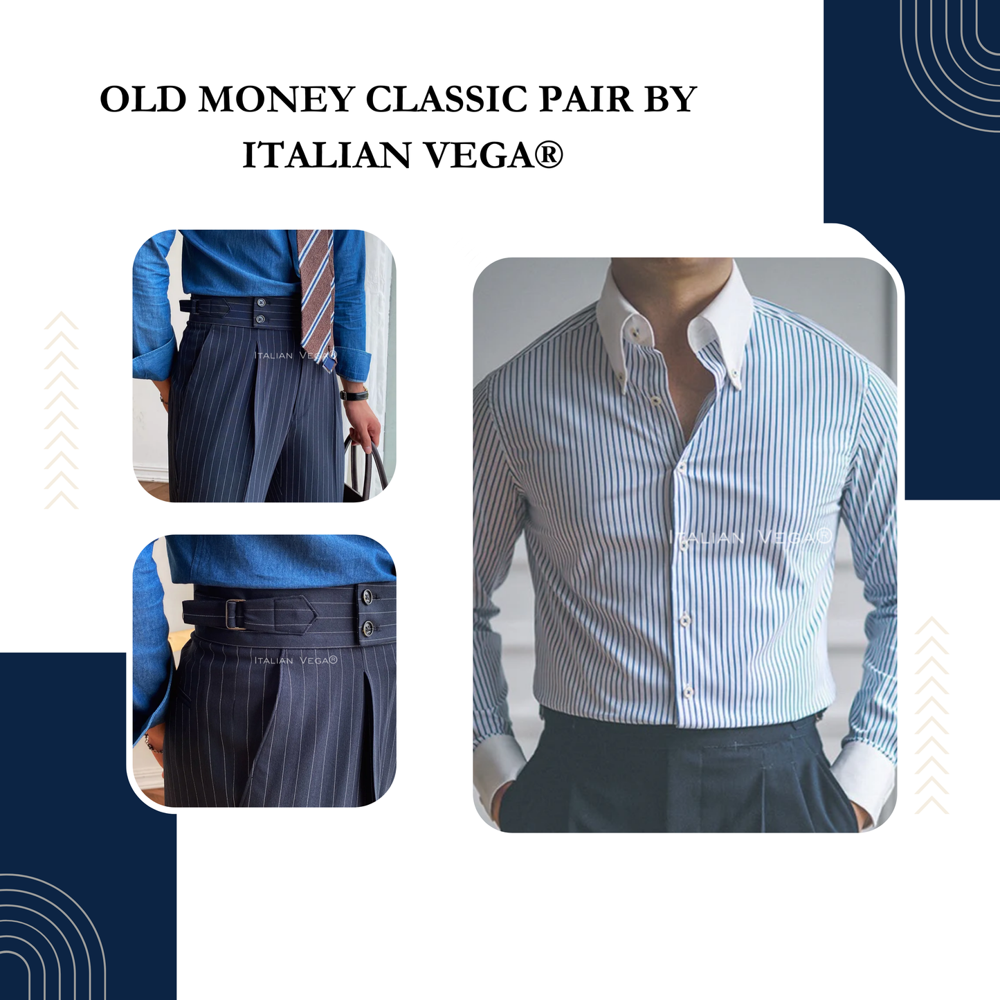 Old Money Classic Stripe Shirt with Navy Stripe Signature Buttoned Gurkha Pant by ITALIAN VEGA®