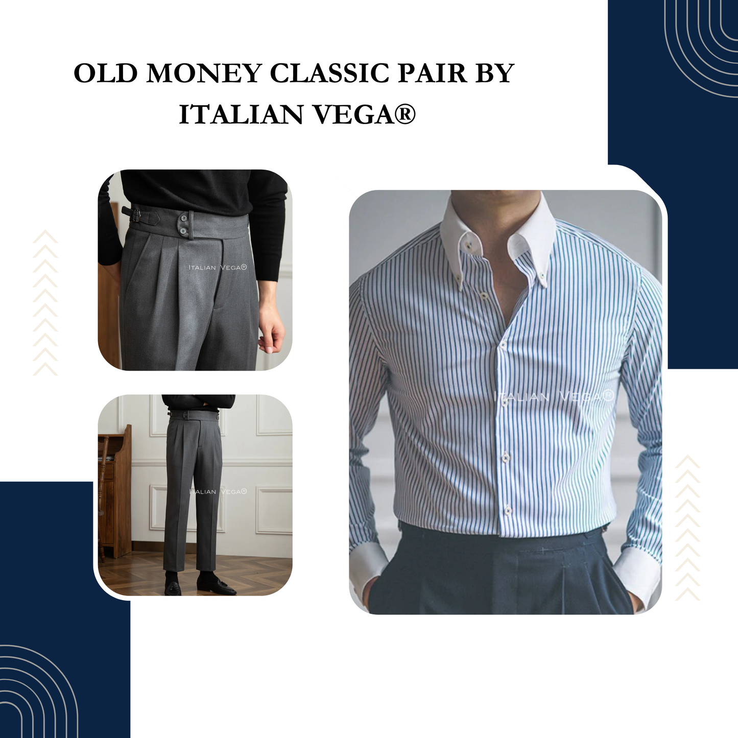 Old Money Classic Stripe Shirt with Grey Herringbone Signature Buttoned Gurkha Pant by ITALIAN VEGA®