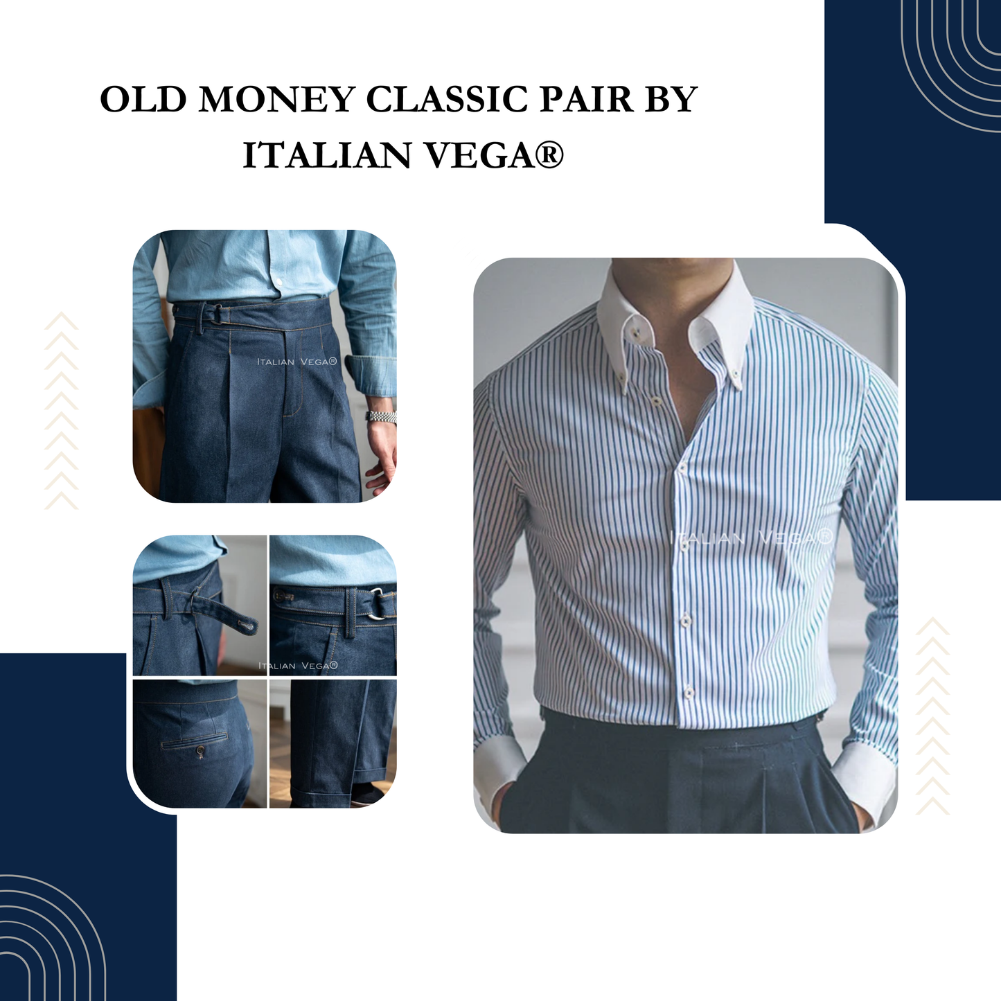 Old Money Navy Classic Stripe Shirt with Blue Veteran Denim Gurkha Pant by ITALIAN VEGA®