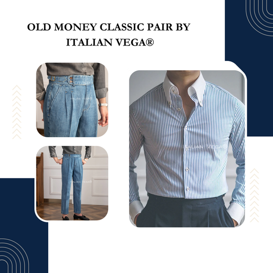 Old Money Claasic Stripe Shirt with Sky Blue Denim Signature Buttoned Gurkha Pant by ITALIAN VEGA®