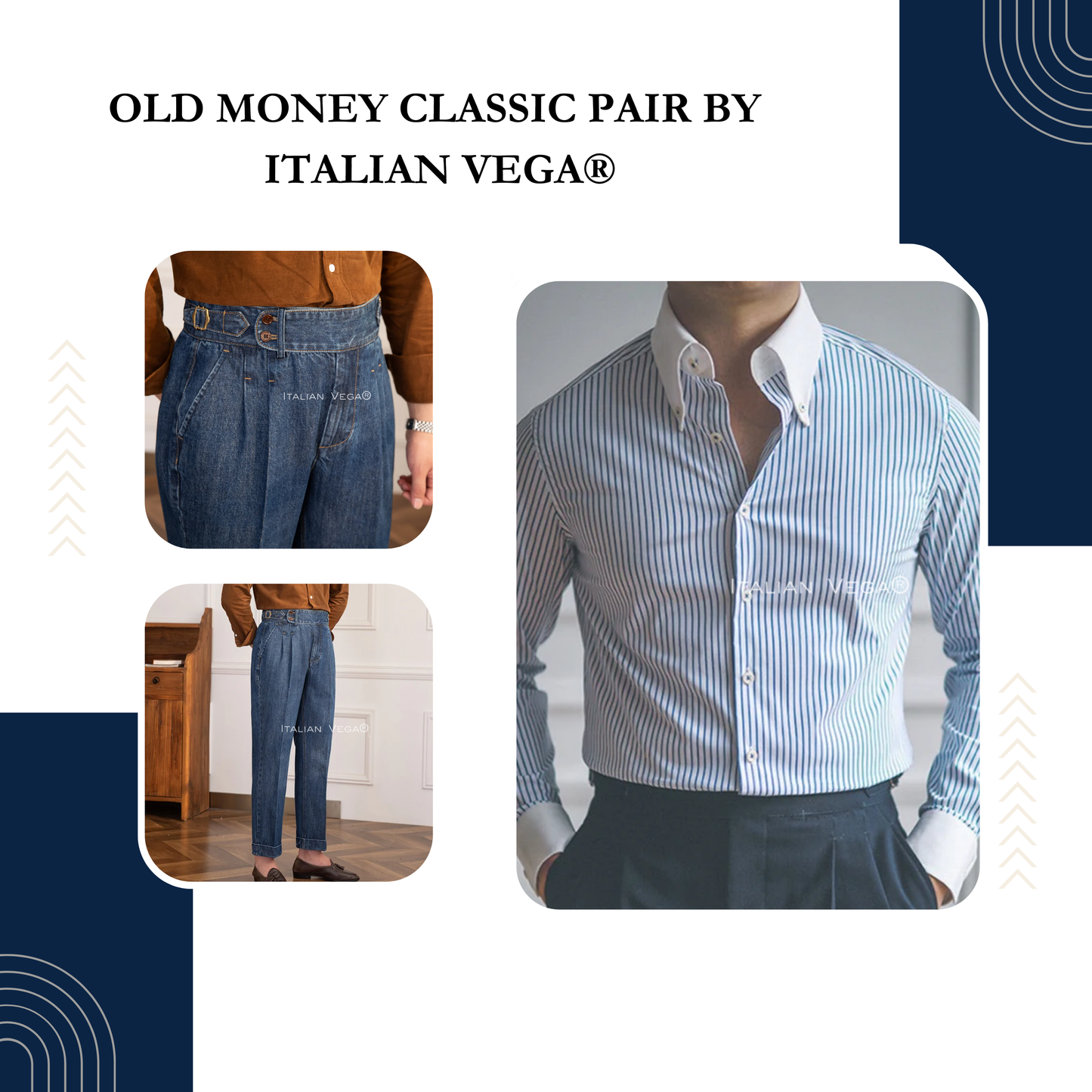 Old Money Classic Stripe Shirt with Dark Blue Denim Signature Buttoned Gurkha Pant by ITALIAN VEGA®