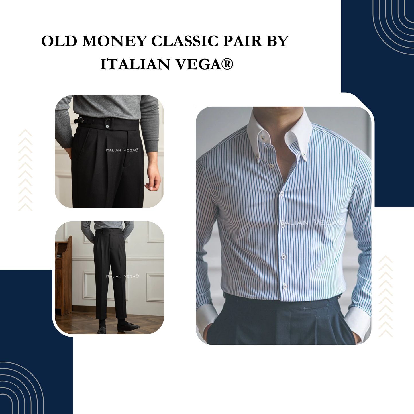 Old Money Classic Stripe Shirt with Black Herringbone Signature Buttoned Gurkha Pant by ITALIAN VEGA®