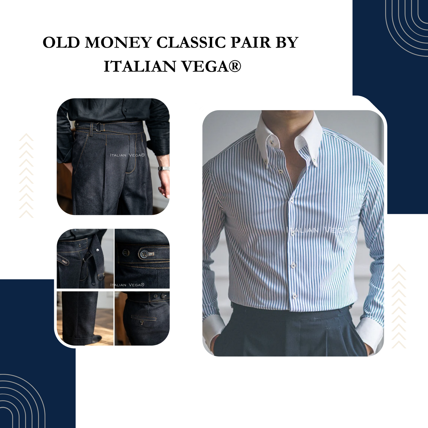 Old Money Navy Classic Stripe Shirt with Space Blue Veteran Denim Gurkha Pant by ITALIAN VEGA®