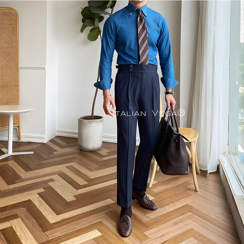 Navy Striped Signature Buttoned Gurkha Pants by Italian Vega® (Special Edition)