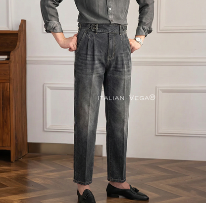 Anthracite Denim Signature Buttoned Gurkha Trouser Pants for Men by Italian Vega® (Limited Edition)