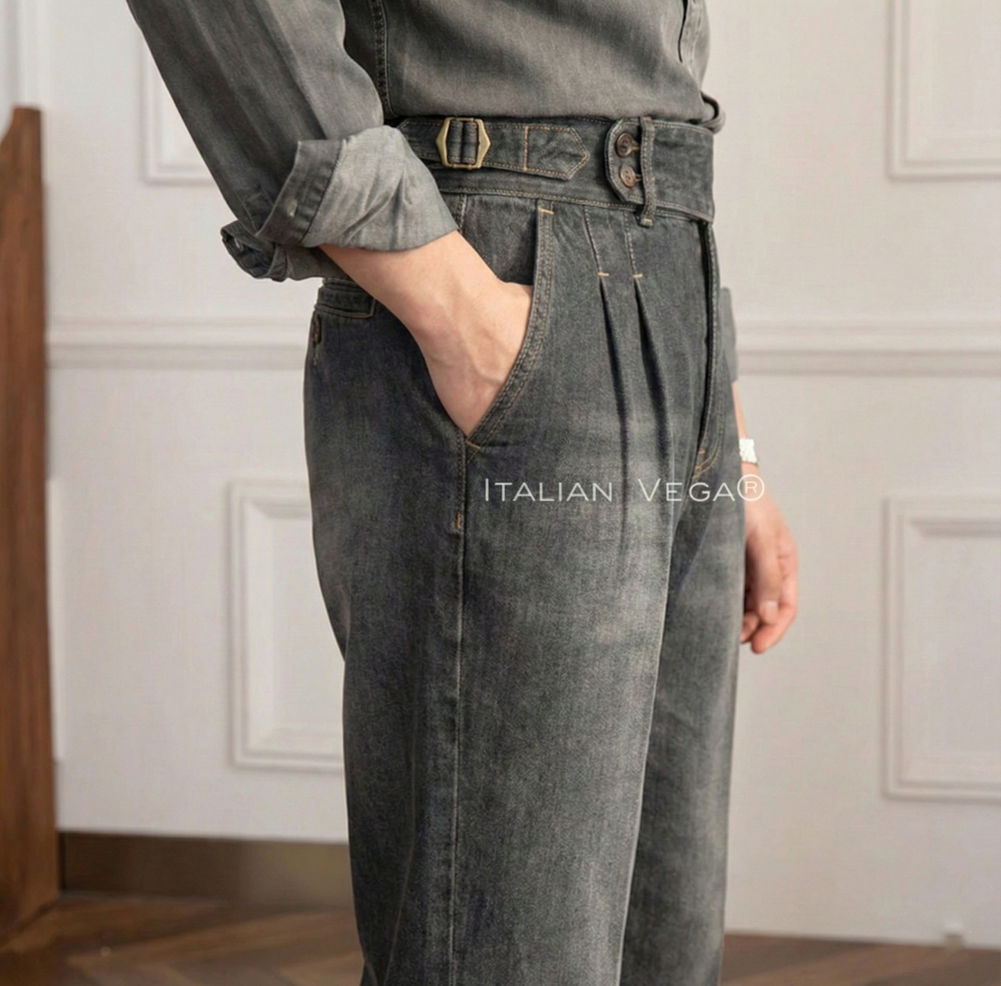 Anthracite Denim Signature Buttoned Gurkha Trouser Pants for Men by Italian Vega® (Limited Edition)