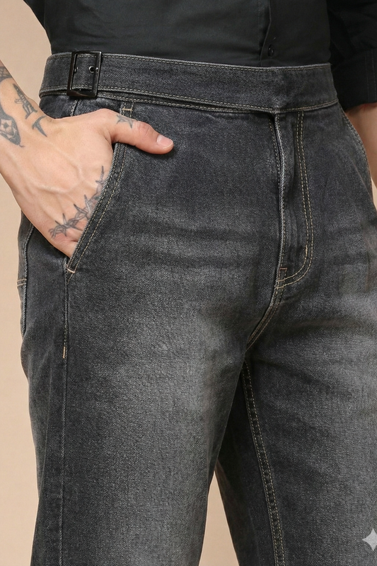 Anthracite Denim Classic Buckle Gurkha Trouser Pants | Boot Cut Fit by Italian Vega®