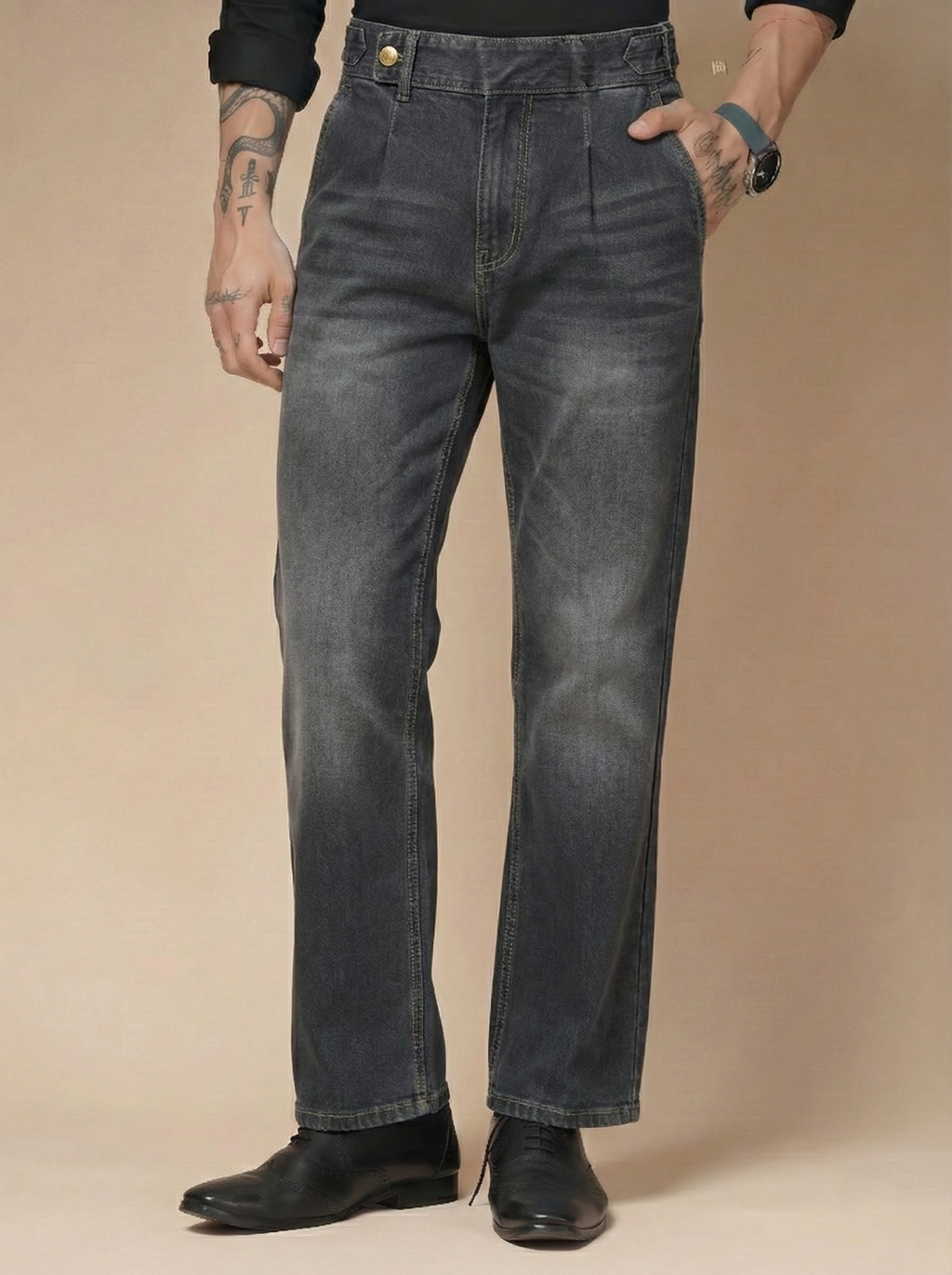 Anthracite Denim Oxford Gurkha Trouser Pants | Boot Cut Fit by Italian Vega®
