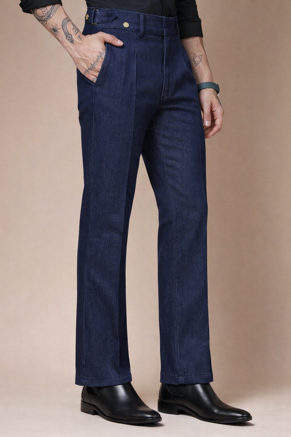 Blue Denim Oxford Gurkha Trouser Pants | Boot Cut Fit by Italian Vega®