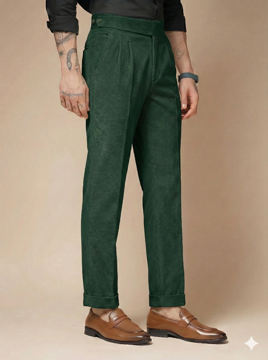 Bottle Green Corduroy Classic Button Gurkha Pants | Boot Cut Fit by ITALIAN VEGA®